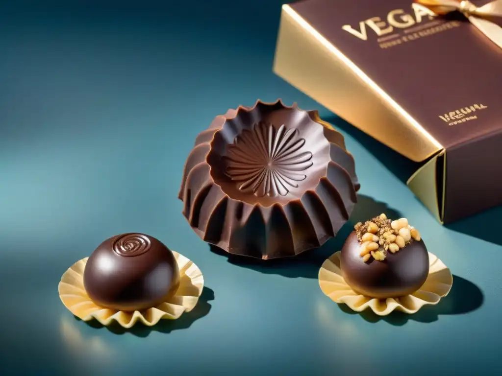 Exquisito trufa vegana de chocolate artesanal con avellana dorada en envoltorio elegante