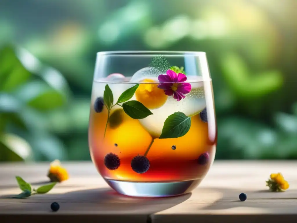 Un exquisito vaso de kombucha gourmet con beneficios para la salud, adornado con frutas y flores, en un entorno de jardín sereno y lujoso