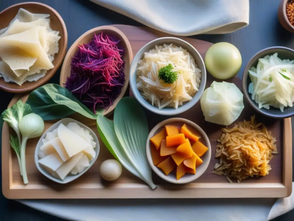 Delicias fermentadas: sauerkraut, kimchi, kefir y miso en detalle Exquisitos alimentos fermentados saludables en plato de madera