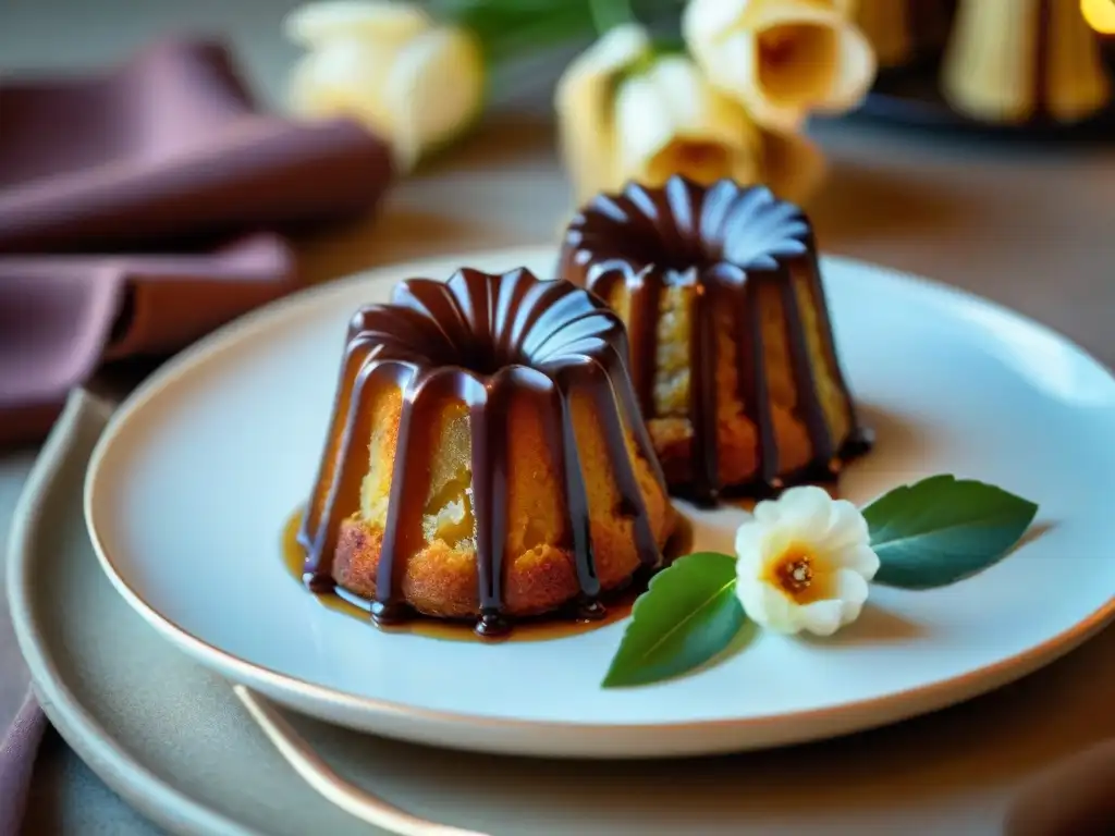 Exquisitos Canelés de Burdeos receta gourmet en elegante plato blanco con decoraciones florales