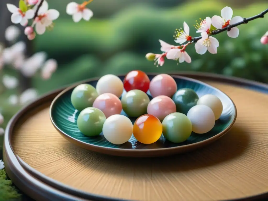 Dango de colores en plato japonés, ¡una delicia visual! Exquisitos dulces japoneses Dangos gourmet en plato cerámico rodeados de un jardín japonés sereno con árboles de cerezo en flor