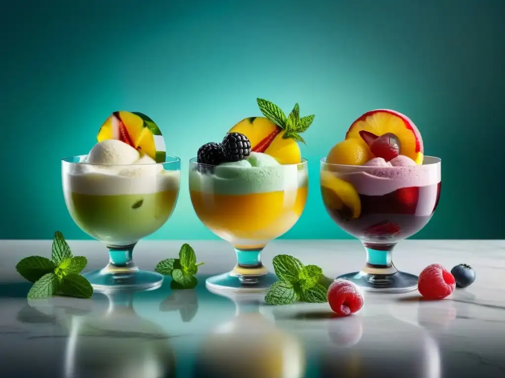 Exquisitos helados de frutas temporada gourmet en elegantes boles de cristal sobre mármol