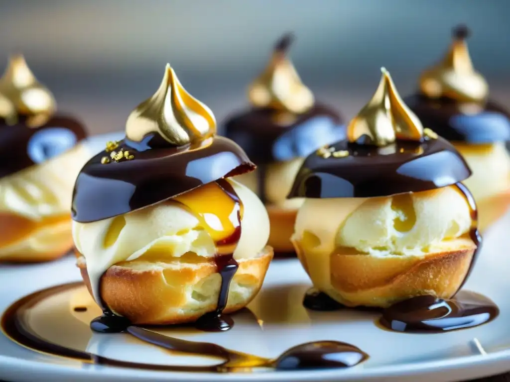 Exquisitos profiteroles gourmet con crema de vainilla y chocolate, decorados con oro y frambuesas