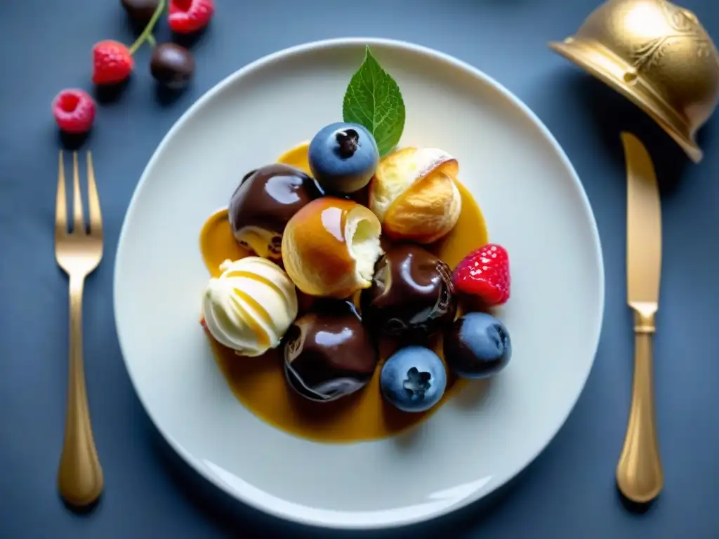 Exquisitos profiteroles gourmet con crema, chocolate y frutas