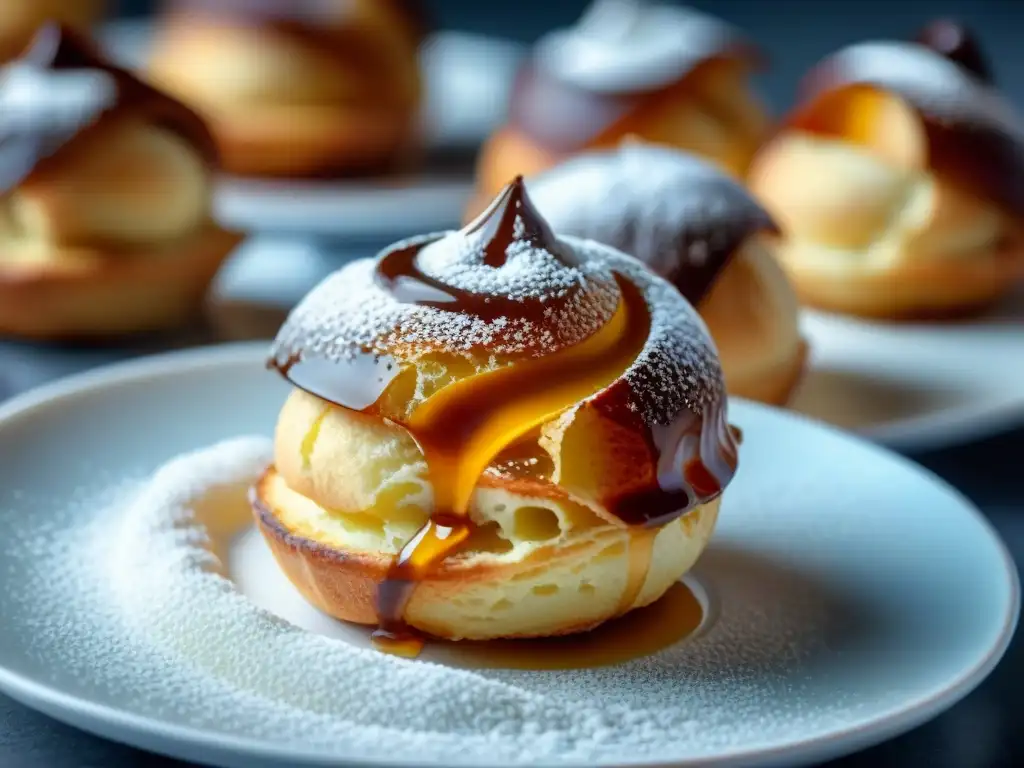 Exquisitos profiteroles recién horneados, rellenos de crema de vainilla y espolvoreados con azúcar glass