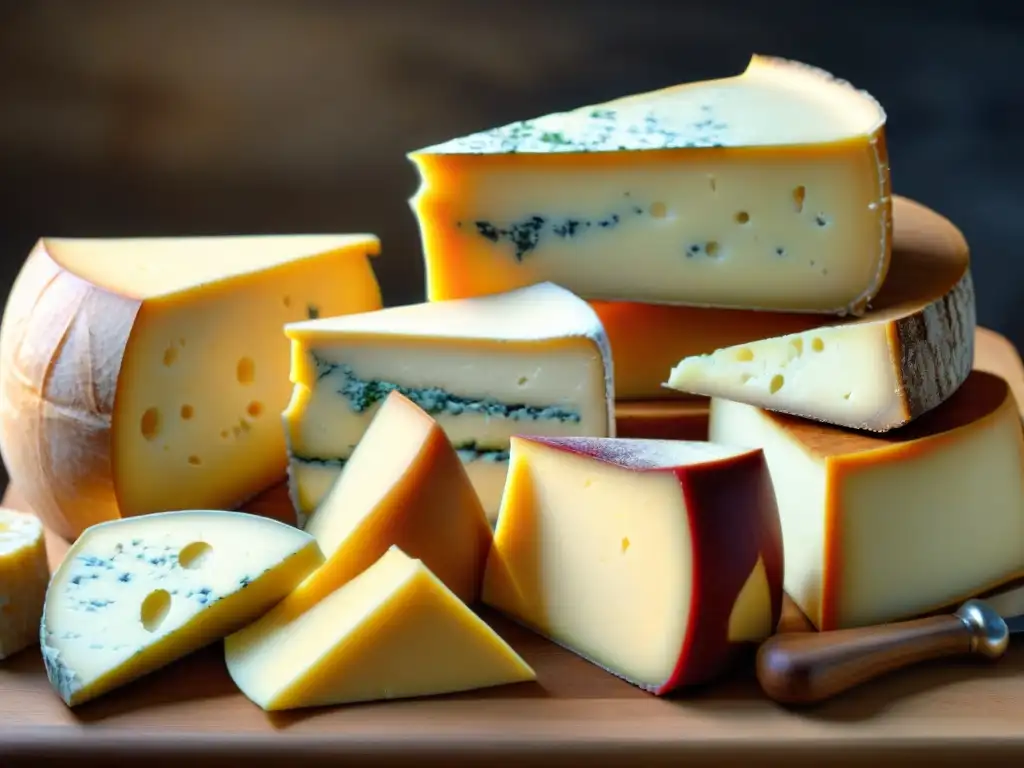 Exquisitos quesos artesanales en tabla de madera rústica, resaltando la importancia de la leche para quesos calidad superior