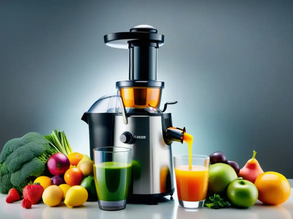 Un Extractor de Jugo de Prensa Fría moderno rodeado de frutas y verduras frescas y coloridas, con gotas de jugo brillando en el lateral