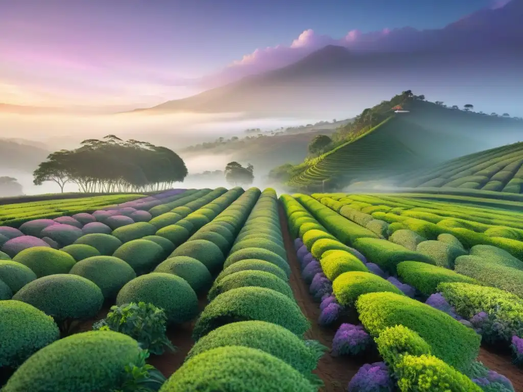 Plantación de té exuberante al amanecer con detalles vibrantes y misteriosas montañas