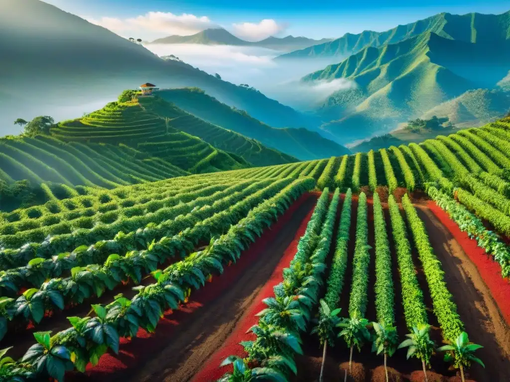 Plantación de café exuberante en las antiguas rutas comerciales, con montañas neblinosas y cielo azul claro