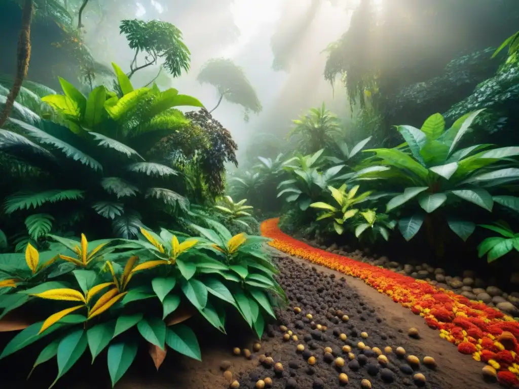 Un exuberante bosque tropical con especias exóticas creciendo en su hábitat natural, reflejando la conexión entre la naturaleza y el sabor global