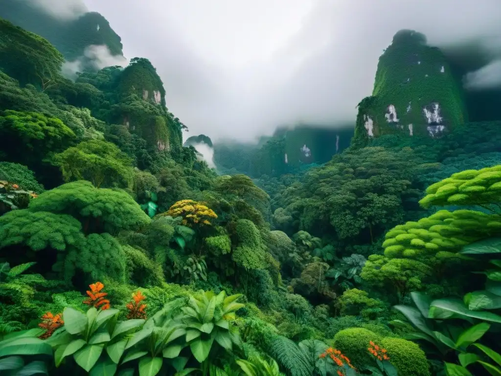 Un exuberante bosque tropical lleno de vida, con aves coloridas y mariposas vibrantes, reflejando el Impacto elección alimentos biodiversidad