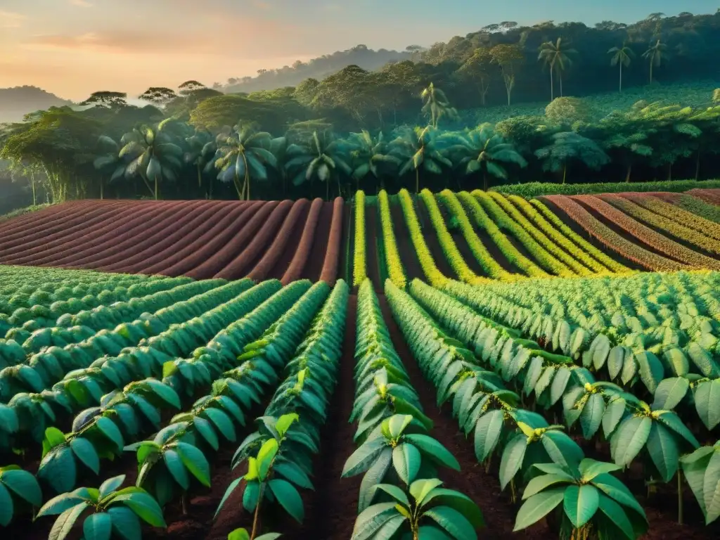 Un exuberante cacaotal al atardecer, con árboles cargados de coloridos frutos