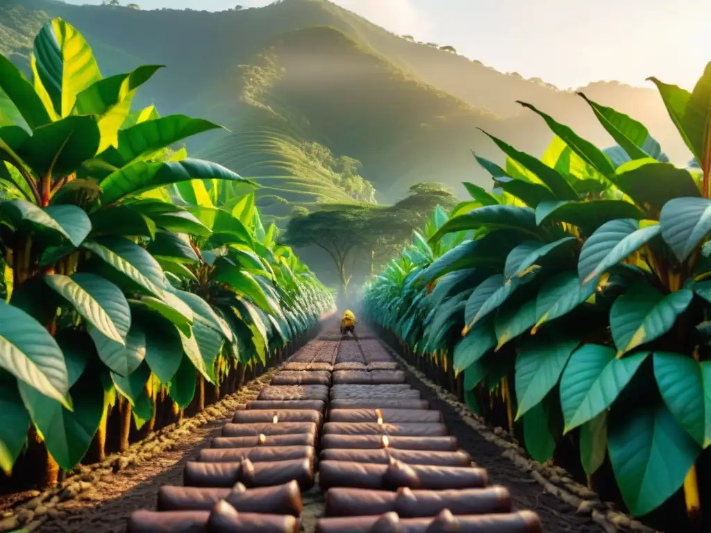 Un exuberante cacaotal al atardecer, con árboles de cacao cargados de vainas maduras bajo el cálido resplandor del sol dorado