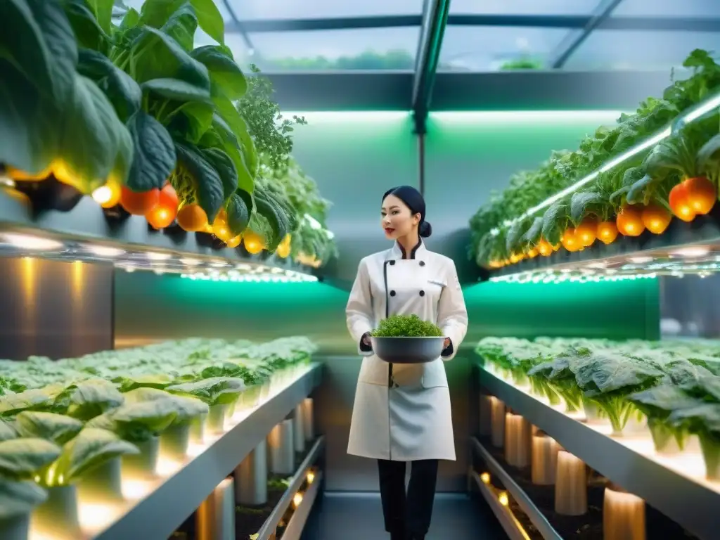 Un exuberante cultivo vertical en gastronomía gourmet, chefs recolectando y comensales elegantes observando en un restaurante futurista