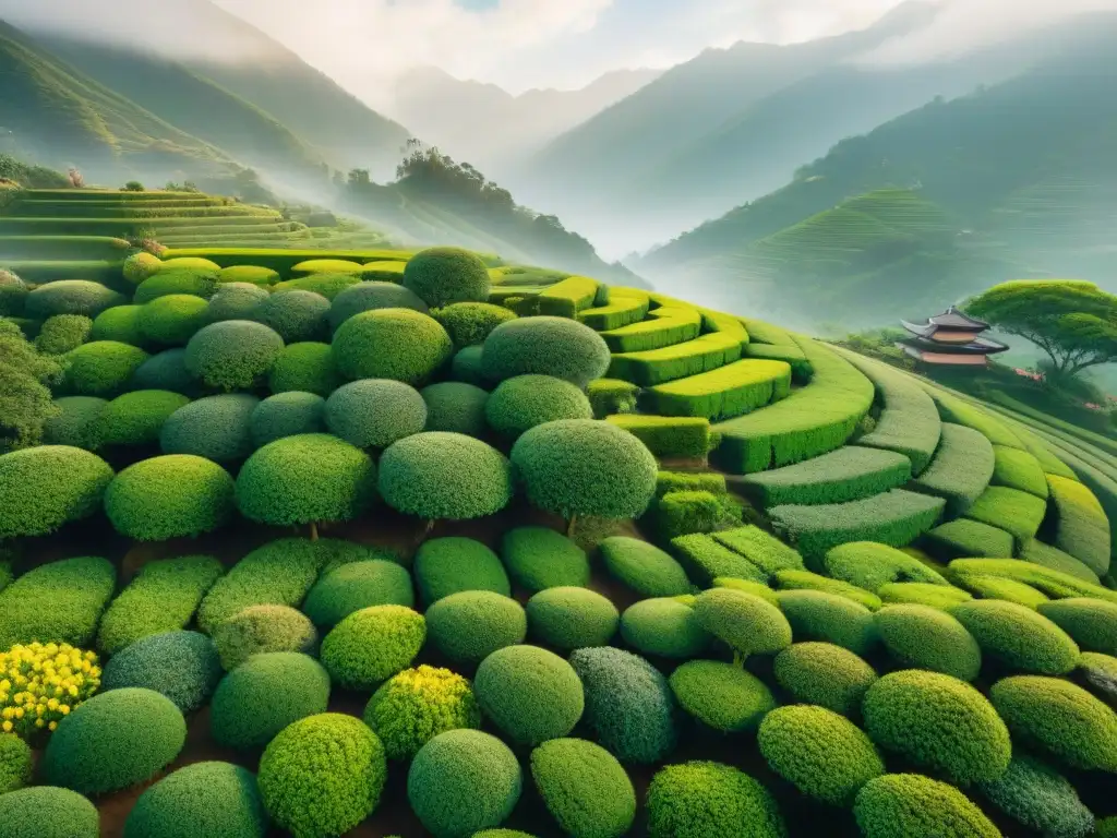 Un jardín de té exuberante y detallado, rodeado de montañas neblinosas