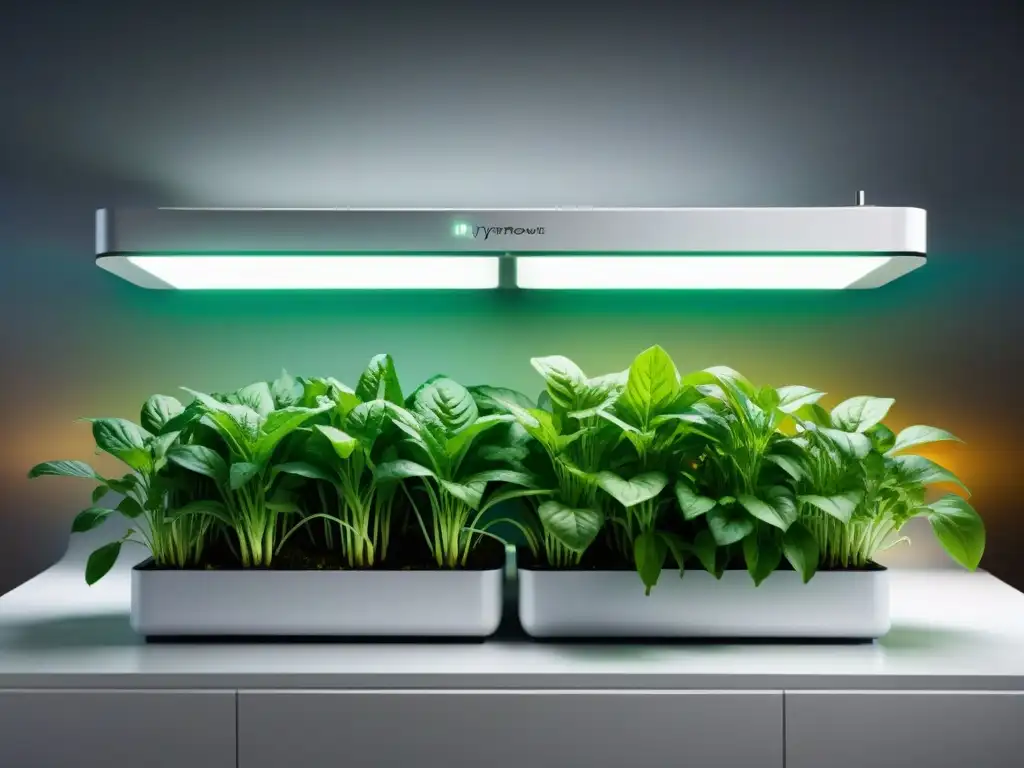 Un exuberante jardín hidropónico gourmet en casa con hierbas y verduras exóticas bajo luces LED eficientes