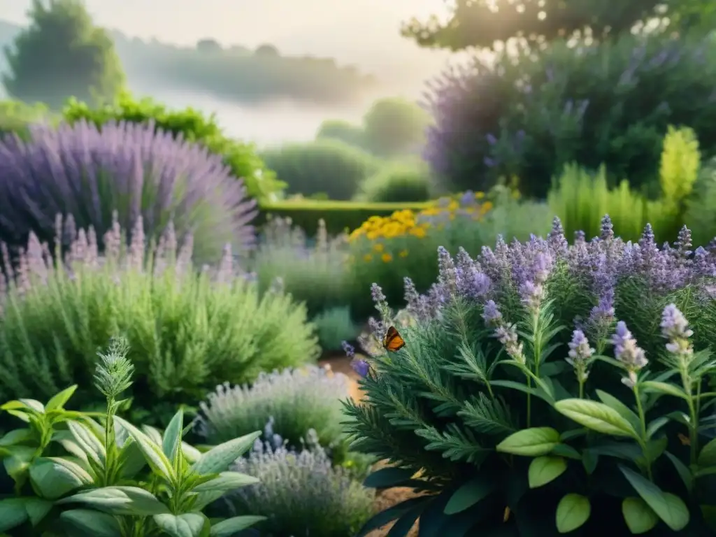 Un jardín botánico exuberante con hierbas aromáticas como lavanda, romero y menta