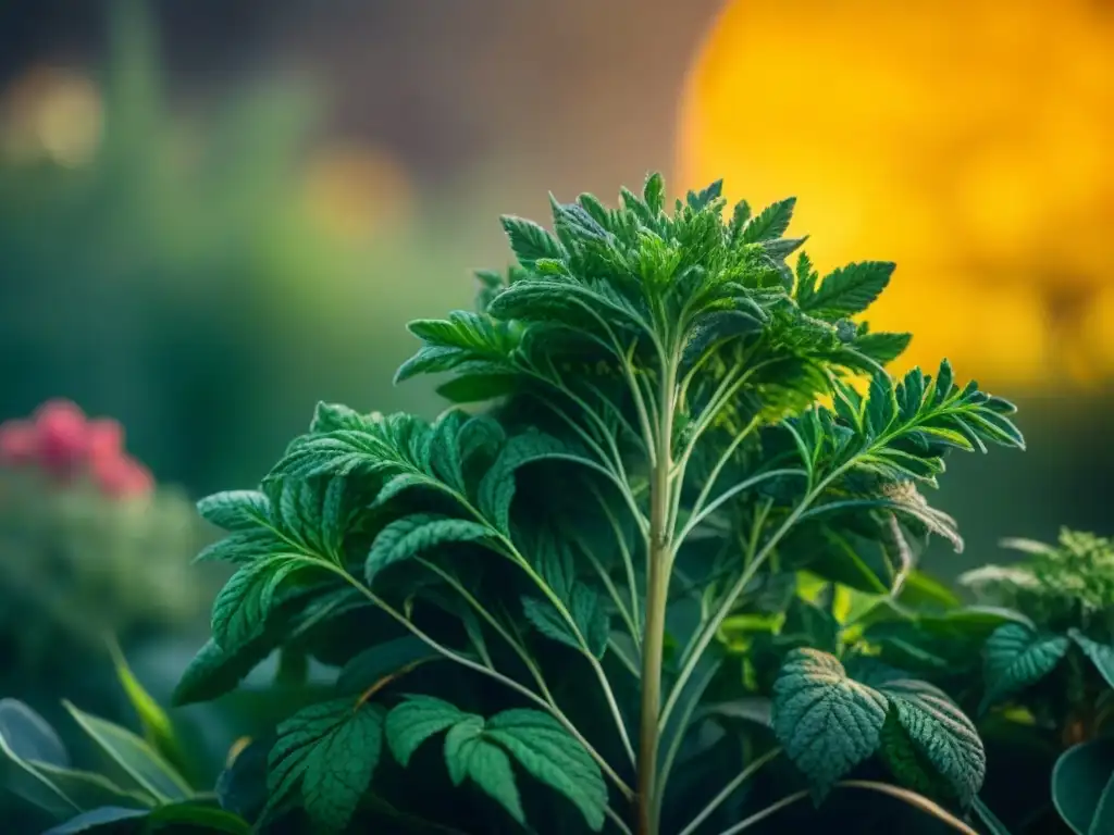 Un jardín botánico exuberante con hierbas olvidadas regreso gourmet, detalles y colores cautivadores bajo la luz dorada del sol