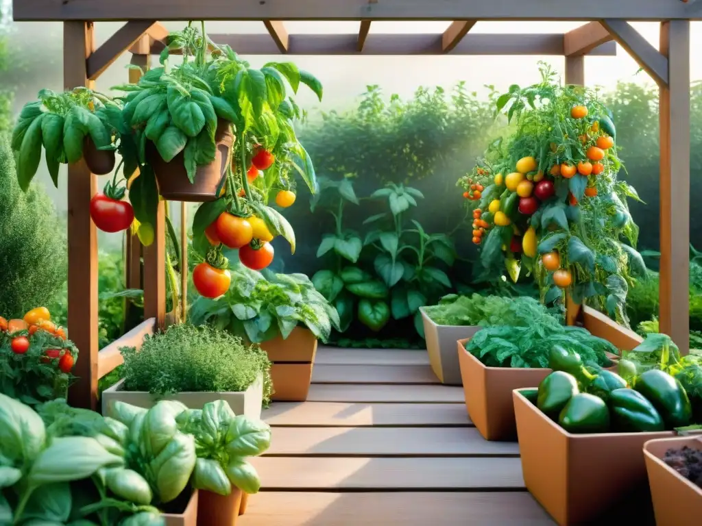 Un exuberante huerto gourmet en casa con tomates, pimientos, albahaca y hierbas frescas en macetas de terracota, bañado por el cálido sol