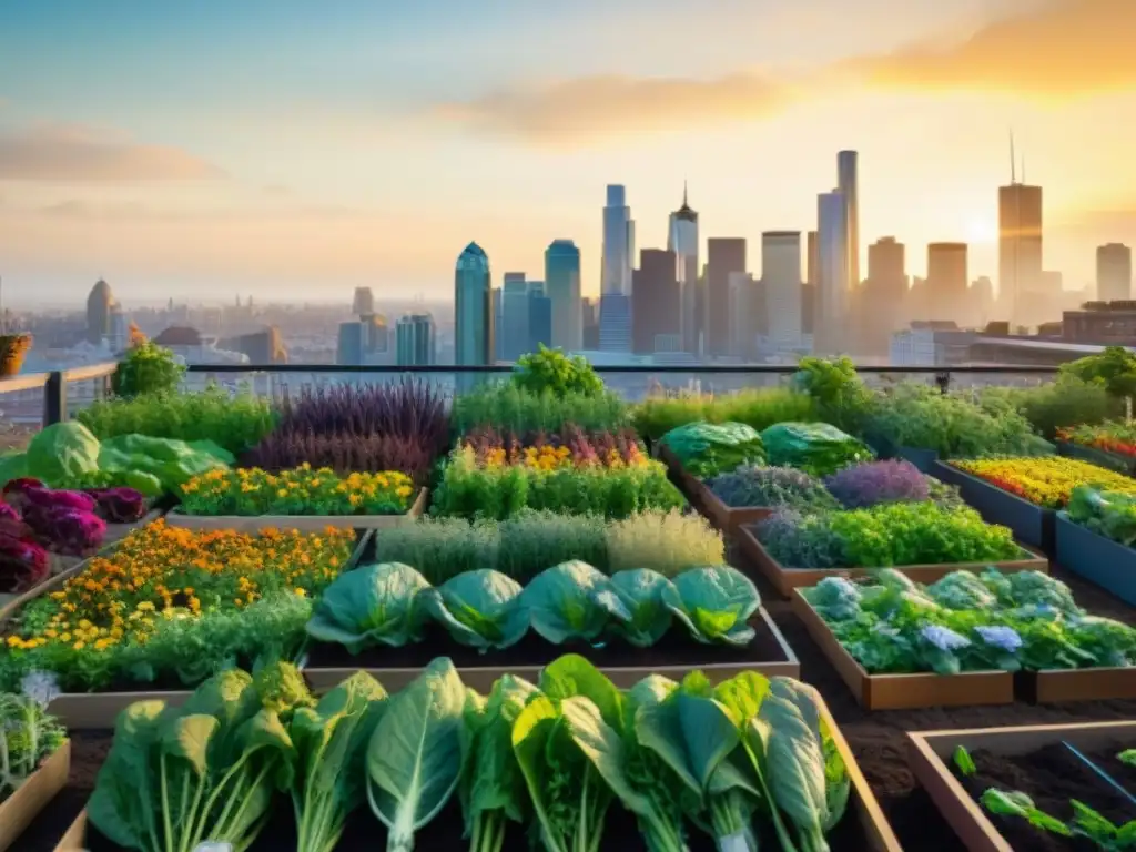 Un exuberante huerto urbano gourmet en la azotea, con vegetales, flores, hierbas, abejas y mariposas, mostrando el impacto ambiental positivo