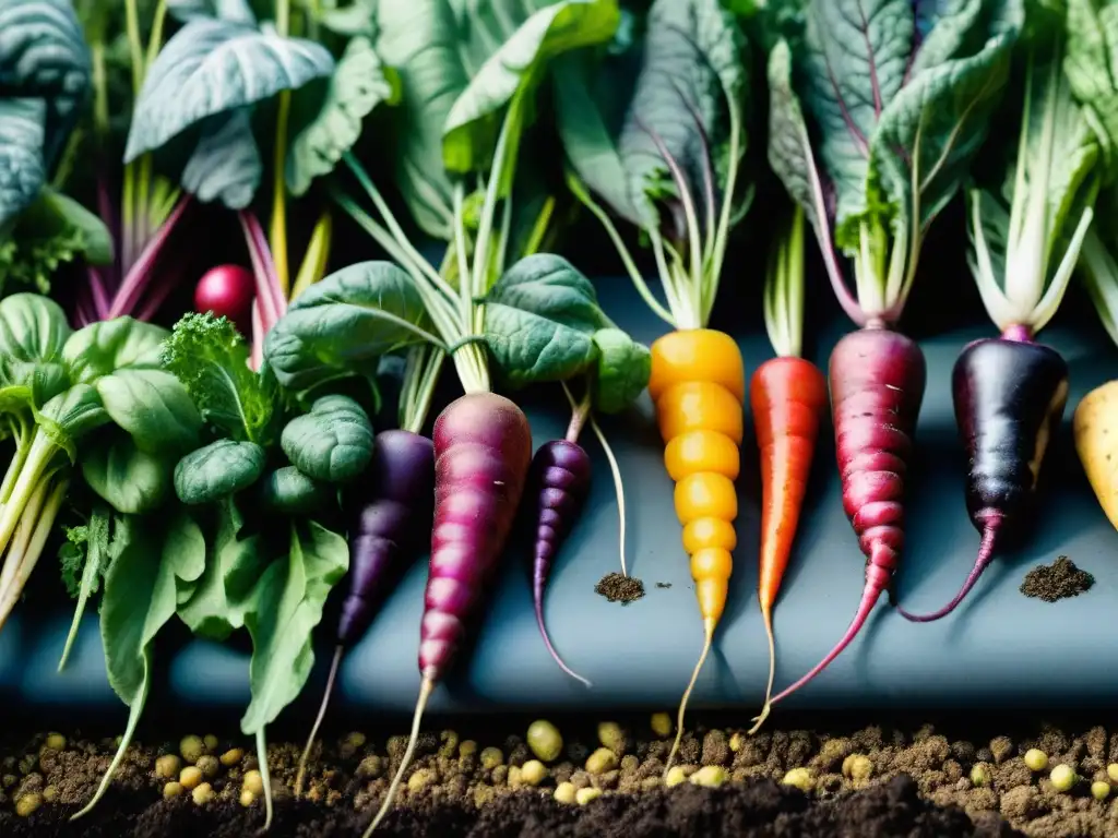 Un exuberante huerto urbano con verduras gourmet como zanahorias moradas, tomates antiguos y remolachas