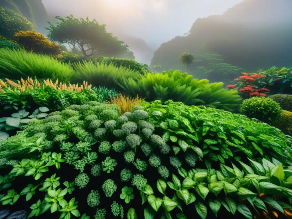 Un exuberante jardín de hierbas esenciales en Oceanía, iluminado por el sol dorado