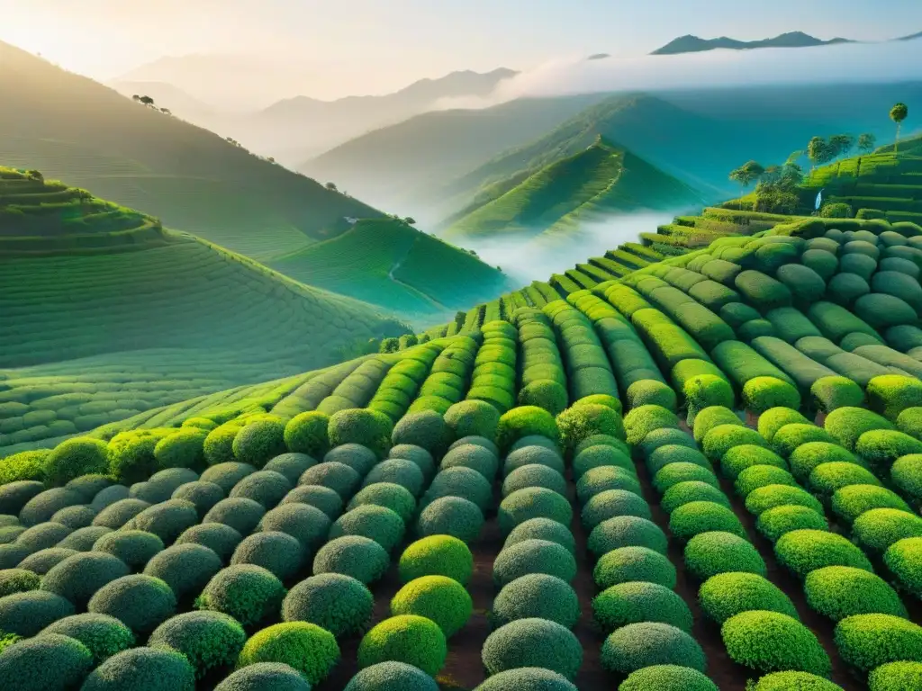 Un jardín de té exuberante al amanecer, con la luz dorada filtrándose entre la niebla, destacando las hojas brillantes con rocío matutino