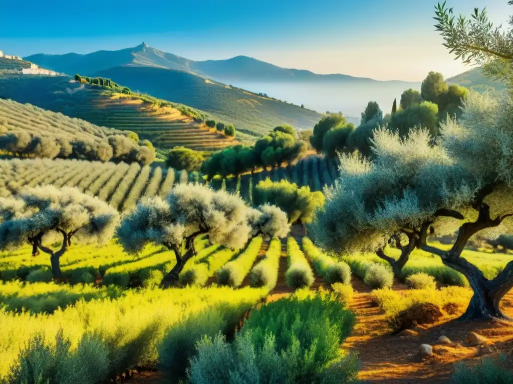 Un exuberante olivar bañado por la luz dorada del sol, con olivos cargados de aceitunas brillantes