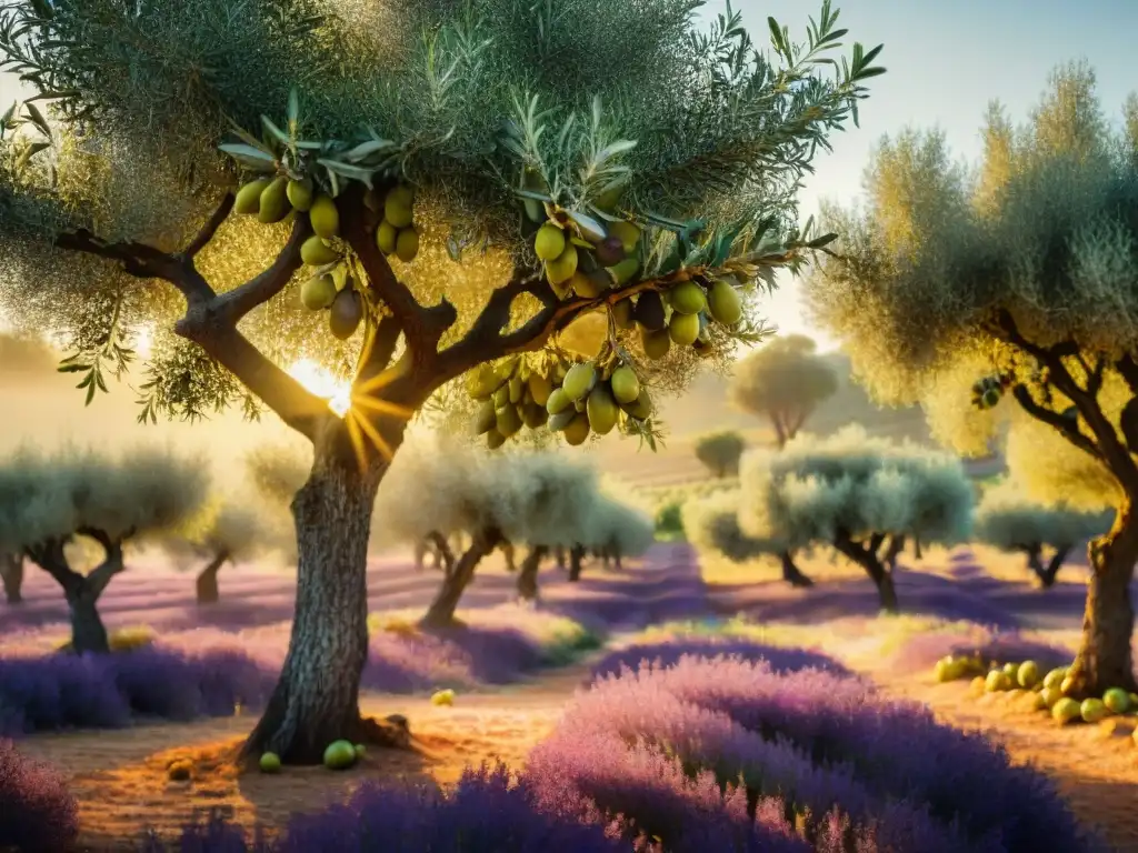 Un exuberante olivar bañado por la luz dorada del sol, con olivos cargados de aceitunas brillantes
