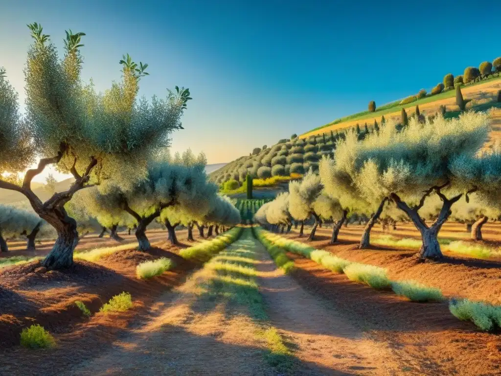 Un exuberante olivar en la hora dorada, con olivos repletos de aceitunas maduras bajo el sol