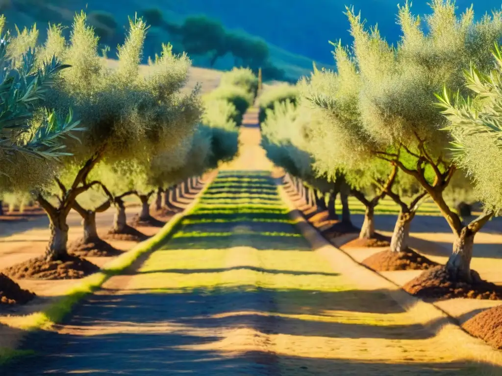 Un exuberante olivar bajo el sol, con filas de olivos verdes vibrantes y aceitunas maduras listas para la cosecha