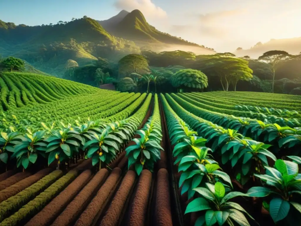 Un exuberante plantación de cacao al atardecer, con árboles cargados de vainas maduras, en armonía con la naturaleza