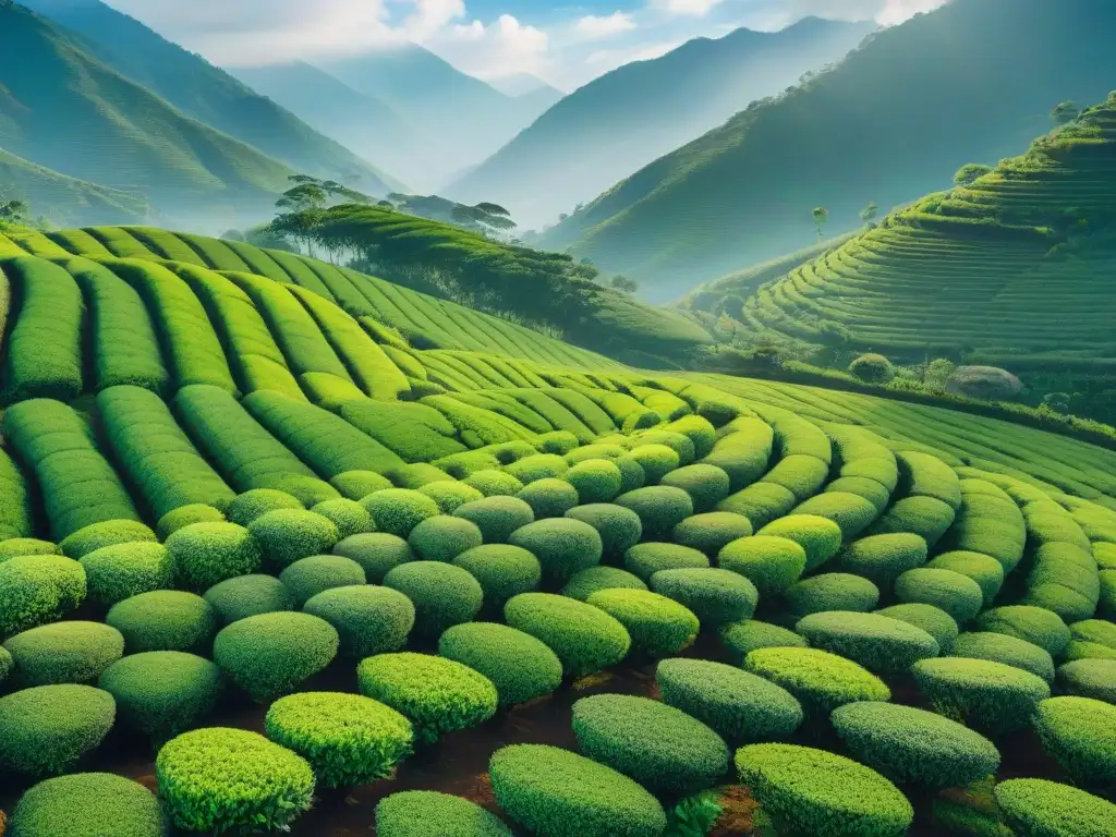 Plantación de té exuberante con trabajadores cosechando hojas, montañas neblinosas al fondo