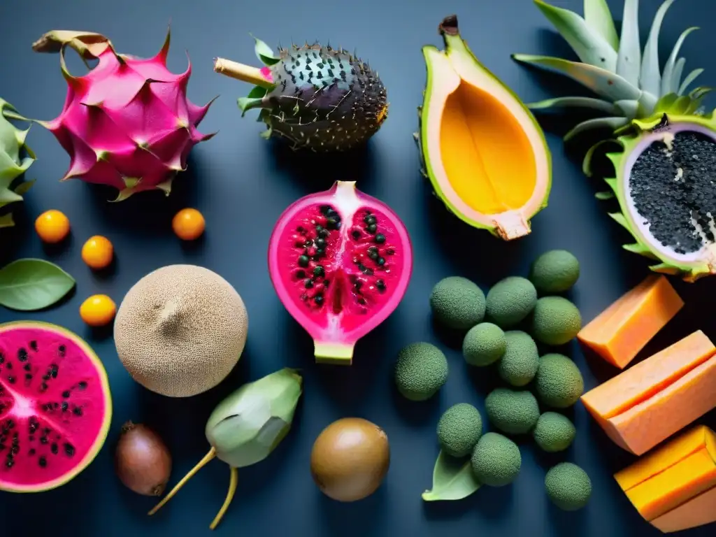 Una exuberante variedad de superalimentos vibrantes y coloridos como pitahaya y bayas de açaí, col rizada, batatas, quinoa y semillas de chía