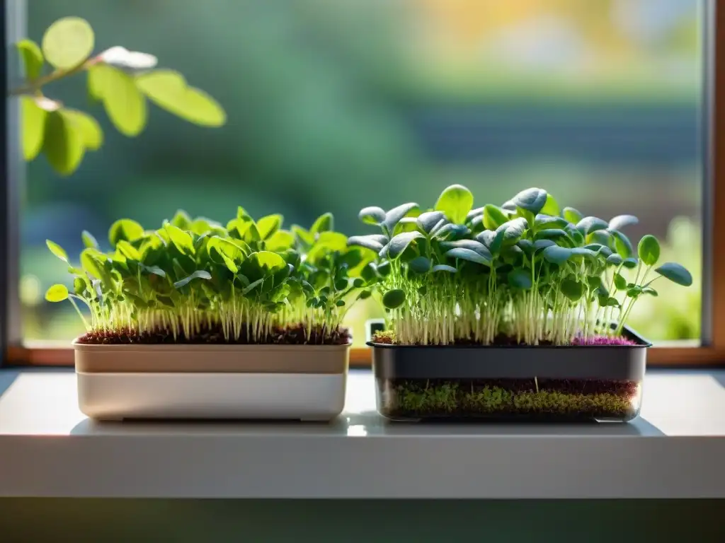 Una exuberante variedad de microgreens vibrantes creciendo en contenedores sostenibles, iluminados por luz natural en una cocina