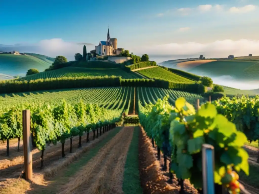 Viñedos exuberantes y casas de Champagne icónicas bajo el sol en la región histórica de Champagne en Francia