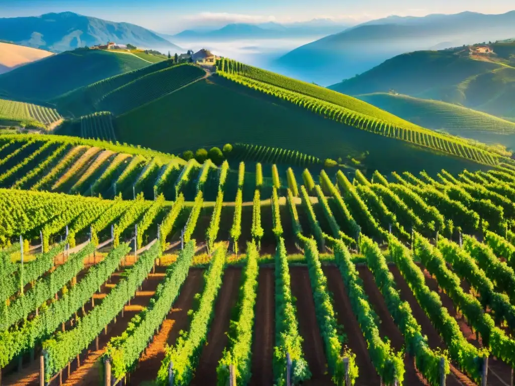 Viñedos exuberantes en colinas bajo cielo azul, con vides verdes organizadas en filas, en Vinos del Nuevo Mundo variedad