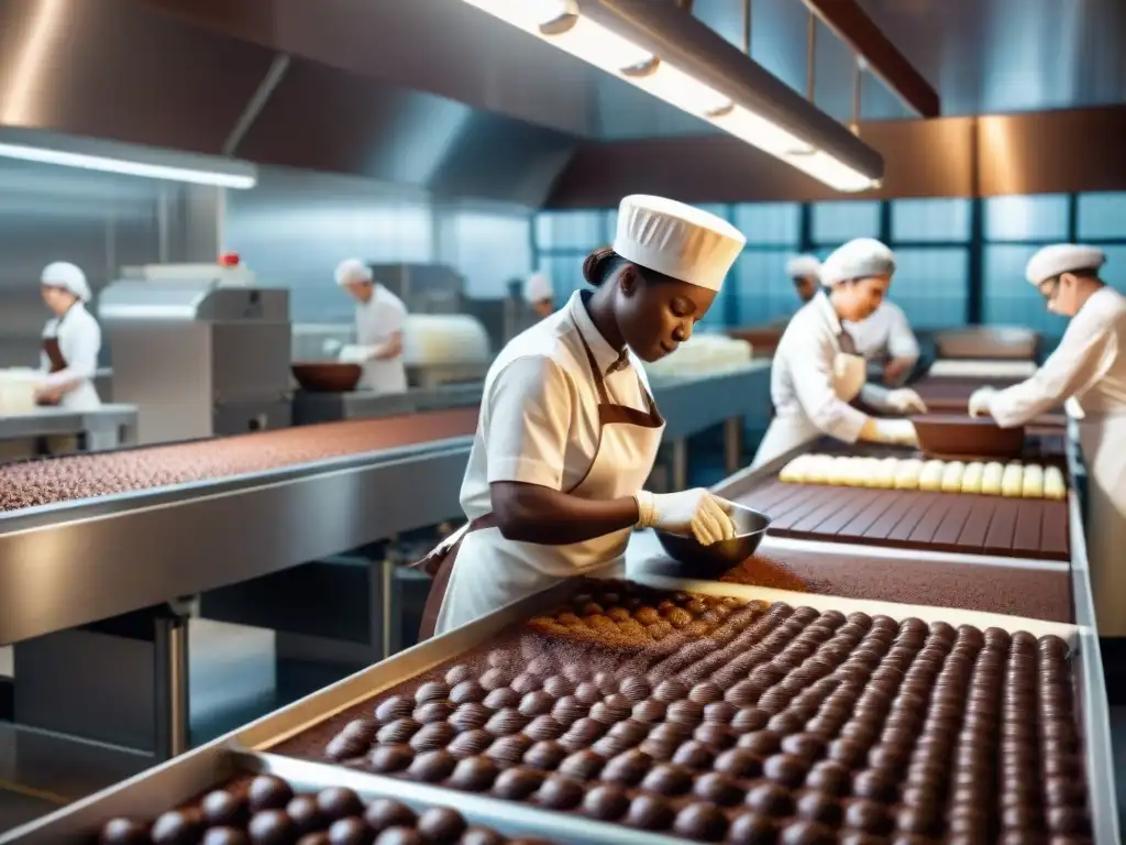 Una fábrica de chocolate bulliciosa con trabajadores en uniforme blanco y hairnets, maquinaria reluciente y barras de chocolate apiladas