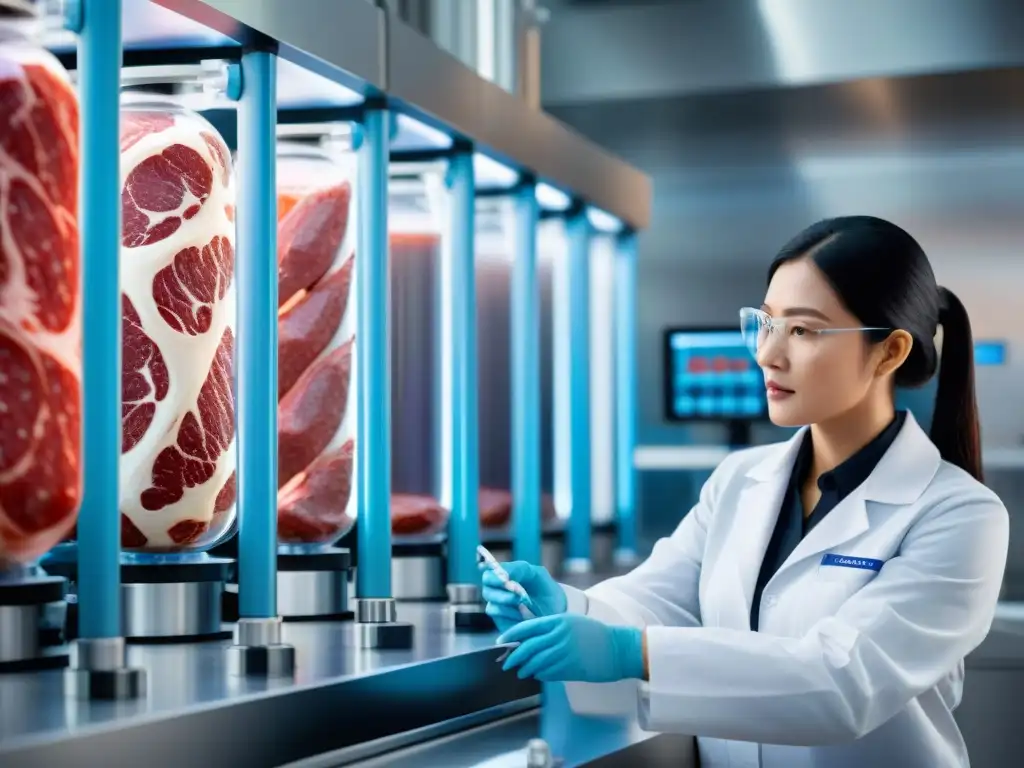 Fascinante imagen de bioreactor en laboratorio de alta tecnología, científicos supervisando la creación de carne cultivada