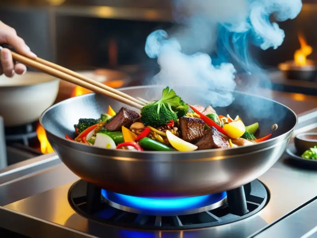 Una fascinante vista cercana de una sartén chisporroteante llena de ingredientes frescos de cocina asiática fusión creativa sin fronteras