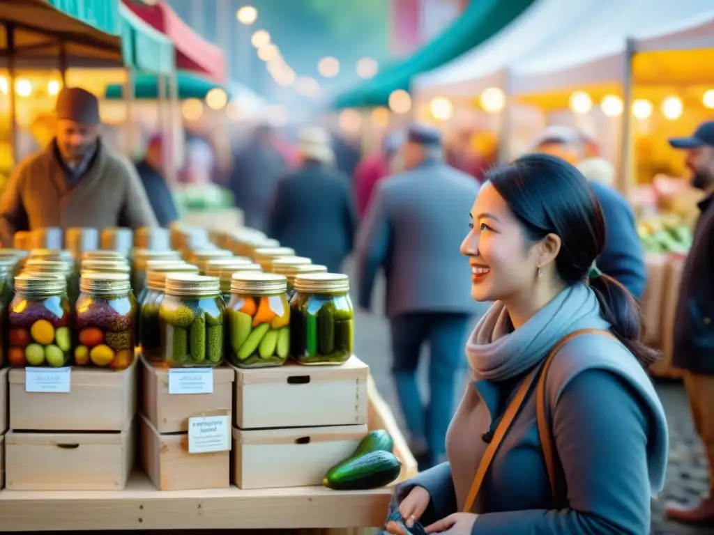 Feria de encurtidos gourmet famosas: coloridos puestos, degustaciones y ambiente vibrante