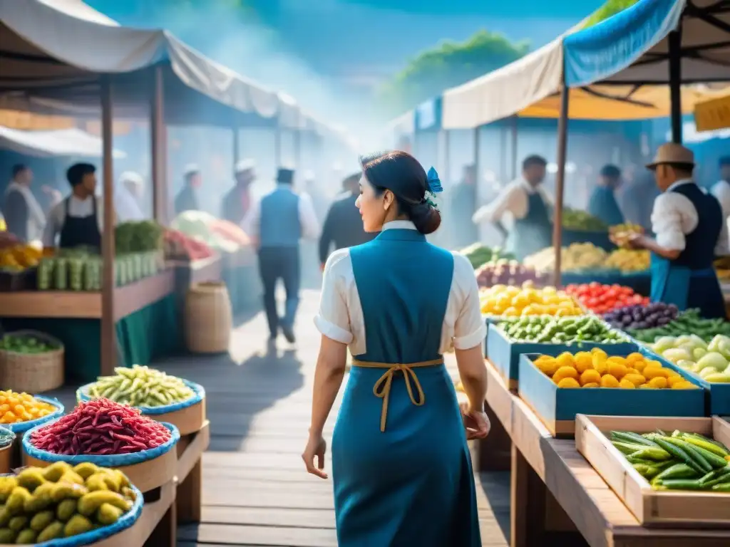 Feria de encurtidos gourmet famosas con puestos de madera y multitud elegante bajo el sol brillante