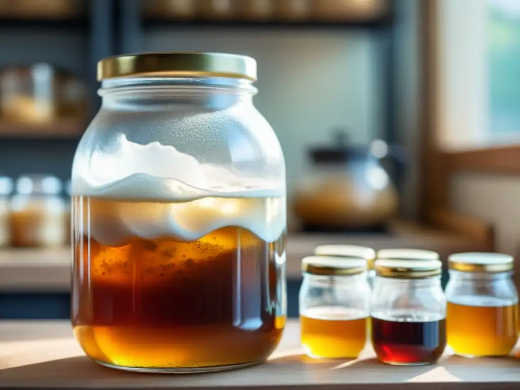 Té fermentado kombucha: detalle de un frasco con scoby burbujeante y texturas orgánicas