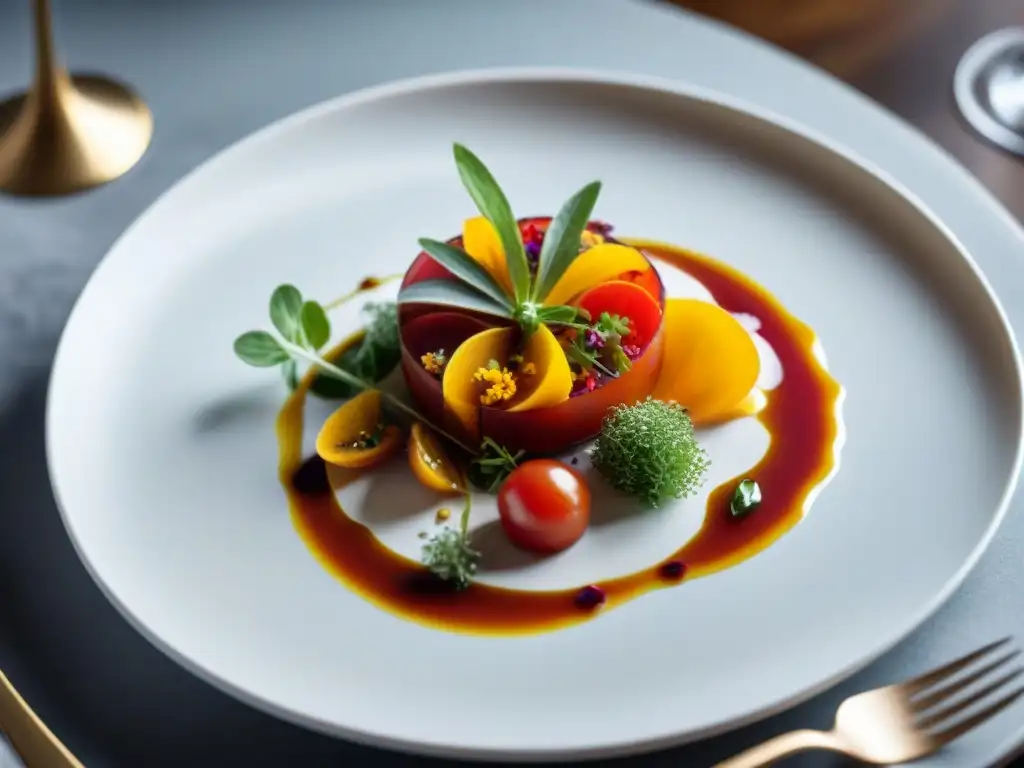 Un festín de Alimentos orgánicos en alta gastronomía, con colores vibrantes y presentación elegante en un restaurante exclusivo