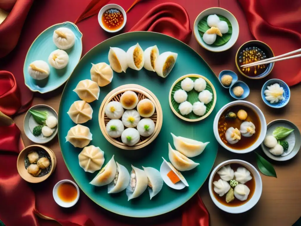 Un festín de dim sum chino tradicional en una mesa redonda cubierta de mantel de seda roja en un restaurante concurrido