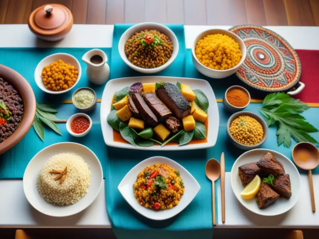 Un festín de Cocina Africana Fusiones Étnicas: mesa vibrante con platos variados y colores intensos, resaltando sabores y cultura africana