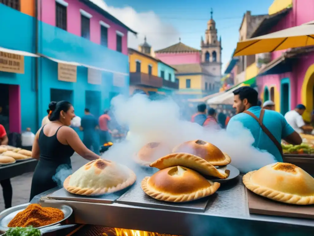 Un festín de comida callejera en un bullicioso mercado de América Latina, con coloridos puestos de comida y sabores tentadores