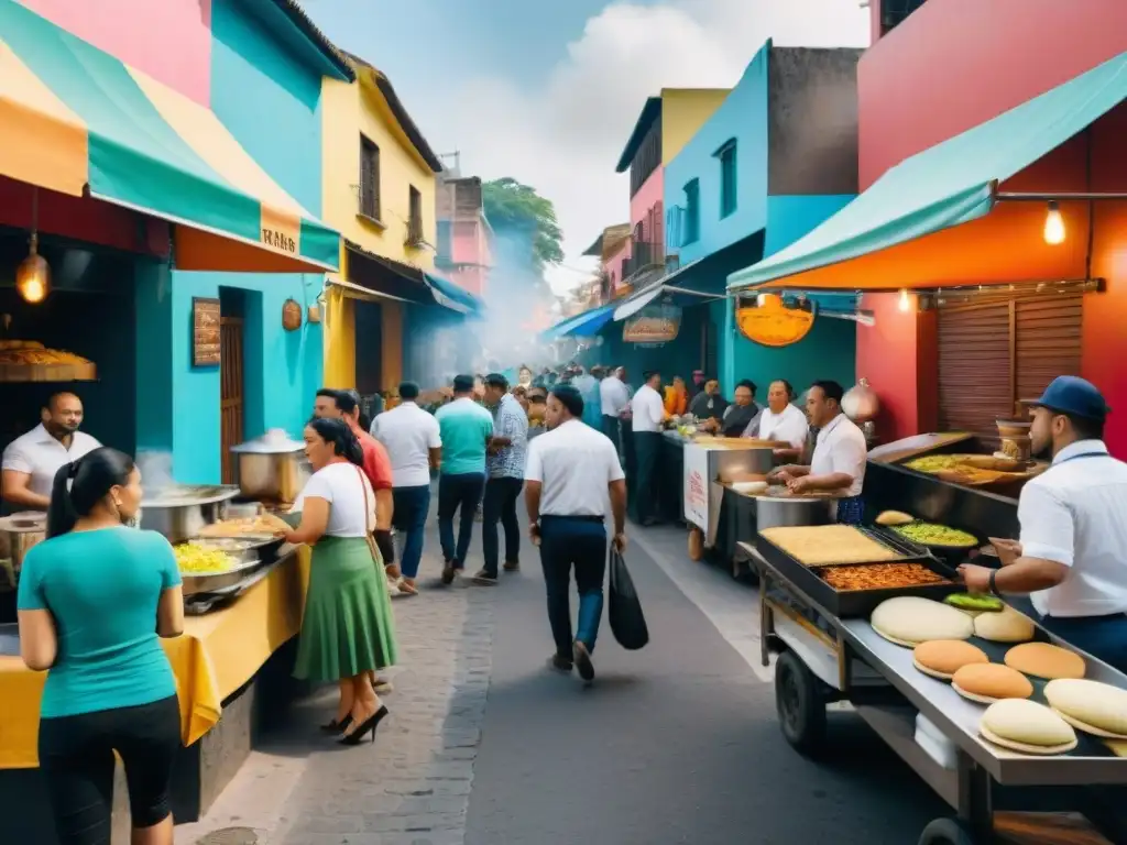 Festín de comida callejera en América Latina: coloridos platos, vendedores animados y clientes variados en bulliciosa calle