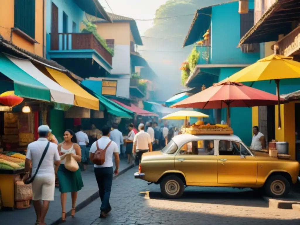 Festín de comida callejera en América Latina: bulliciosa calle llena de puestos coloridos y deliciosos aromas al atardecer