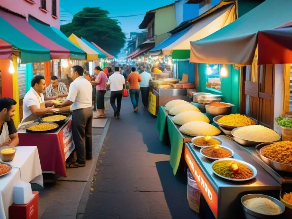 Un festín de comida callejera en América Latina: puestos coloridos iluminados, clientes disfrutando, aromas tentadores